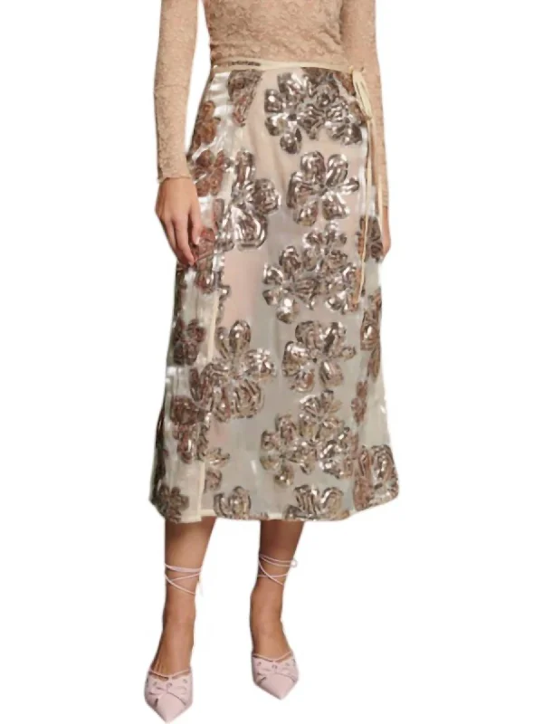 Giselle Sequin Wrap Skirt In Gold Nude corduroy skirt comfortable