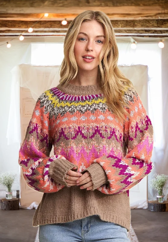 Hooked on a Feeling Multi-Color Sweater in Magenta and Beige Slim Fit Regular Fit Oversized