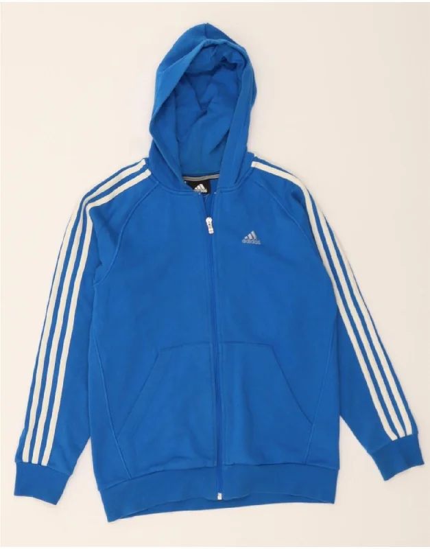 ADIDAS Womens Zip Hoodie Sweater UK 14 Medium Blue Cotton Ribbed Striped Patterned