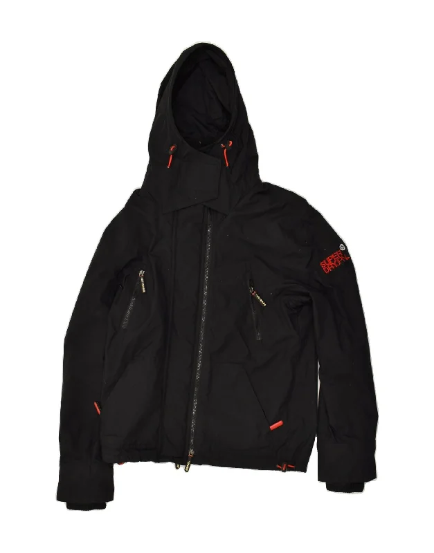 SUPERDRY Womens Hooded Windbreaker Jacket UK 14 Medium Black A-Line Jacket Boat Neck Shawl Collar SUPERDRY Womens Hooded Windbreaker Jacket UK 14 Medium Black A-Line Jacket Boat Neck Shawl Collar