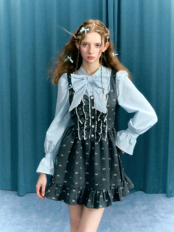Blue-gray Bow Puff Sleeves Fake Two-piece Tutu Skirt Dress NAR0040 Tunics Essential wardrobe