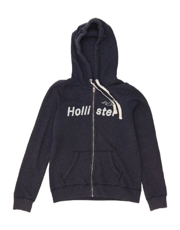 HOLLISTER Womens Graphic Zip Hoodie Sweater UK 14 Medium Navy Blue Cotton Fleece Fabric Down Fabric Feather Fabric HOLLISTER Womens Graphic Zip Hoodie Sweater UK 14 Medium Navy Blue Cotton Fleece Fabric Down Fabric Feather Fabric