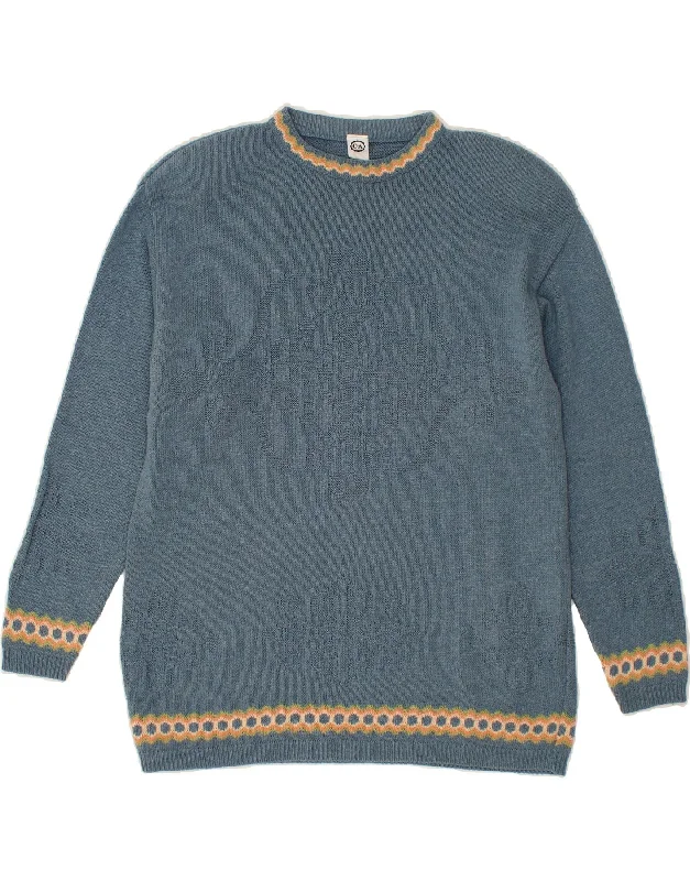 C&A Womens Crew Neck Jumper Sweater UK 14 Medium Blue Fair Isle Mesh Blend Leather Blend Suede Blend