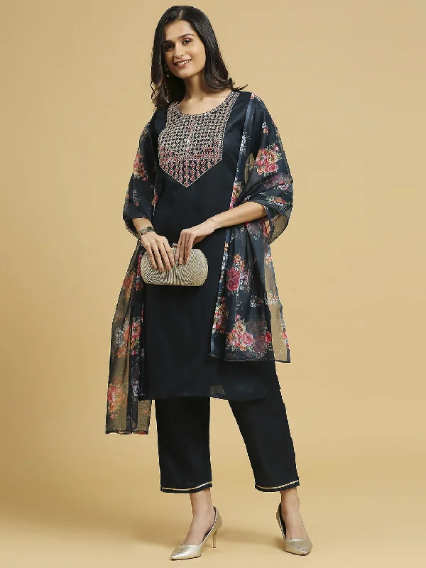 Navy Blue Trendy Designer Readymade Cotton Pant Suit With Floral Printed Work Relaxed Casual Leggings Navy Blue Trendy Designer Readymade Cotton Pant Suit With Floral Printed Work Relaxed Casual Leggings