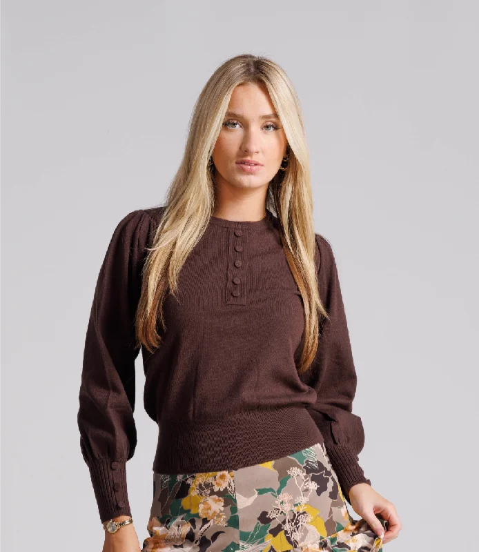 Ivee Puff Sleeve Henley Sweater Solid Print Embellished