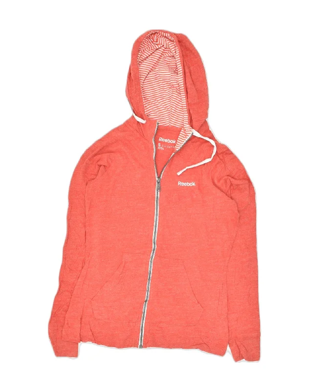 REEBOK Womens Zip Hoodie Sweater UK 10 Small Red Cotton Silk Blend Satin Velvet
