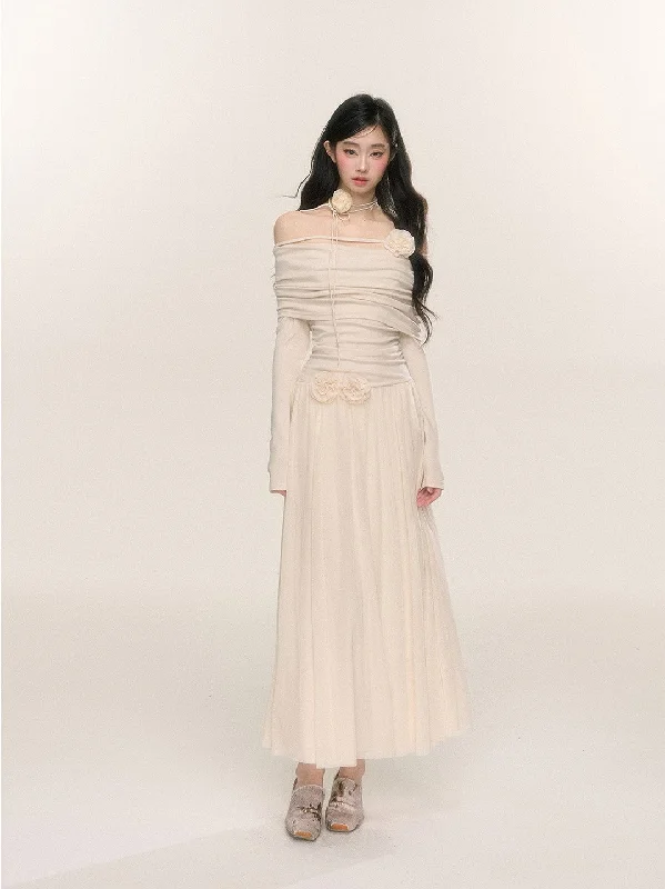 French Style One Shoulder Long Sleeve Waist Dress DIA0222 Tunics Timeless classic