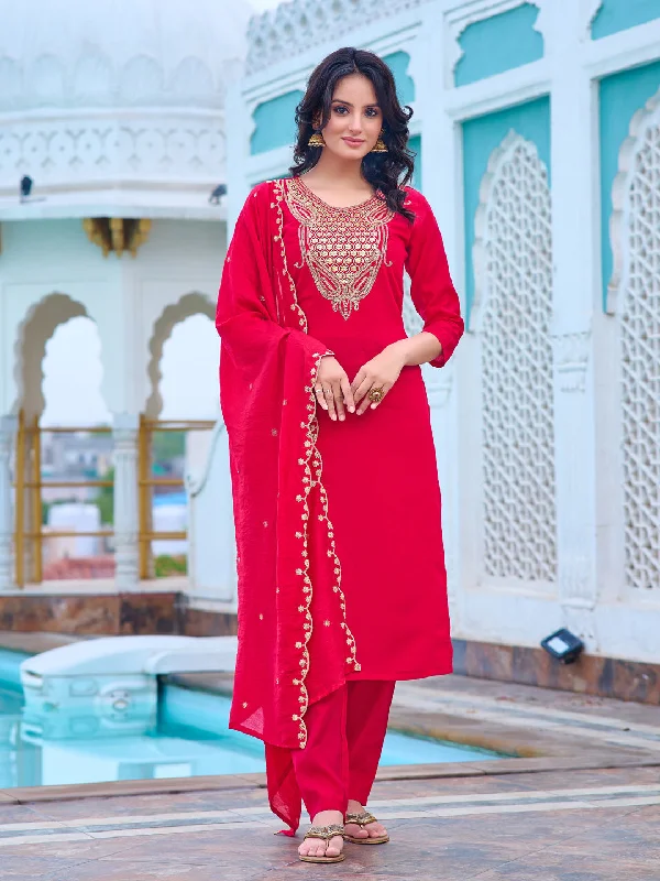 Pink Designer Readymade Chanderi Pant Suit With Designer Embroidery Work Classic Cropped Pants Pink Designer Readymade Chanderi Pant Suit With Designer Embroidery Work Classic Cropped Pants