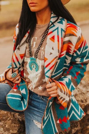 Sky Blue Aztec Jacket Front Pockets Side Pockets Patch Pockets
