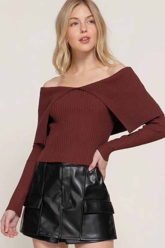 Foldover Ribbed Knit Long Sleeve Sweater Elegant Classic Vintage