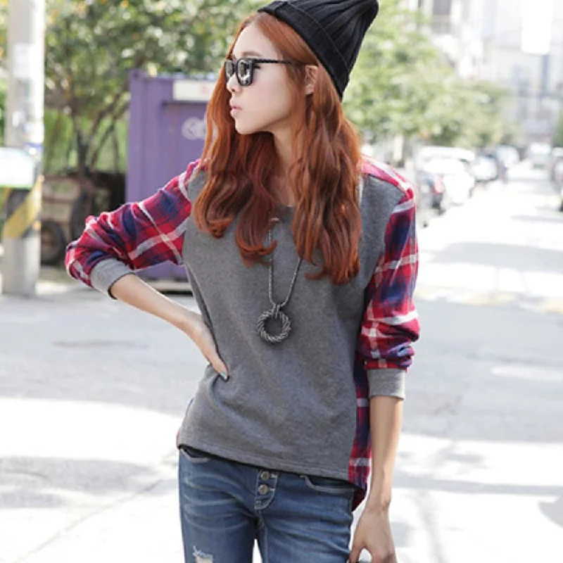 Women Long Sleeve Sweatshirt Crew Neck Plaids Check Loose Hoodies Women Hoodie with Applique Textured Unique