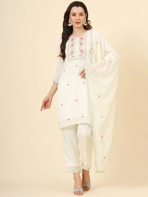 Off White Designer Readymade Pant Suit With Designer Embroidery Work Slim Fit Casual Pants
