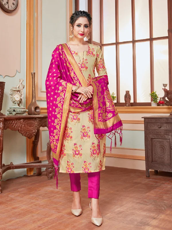 Cream Banarasi Silk Pant Suit With Wevon Design Relaxed Fit Trousers