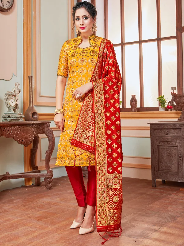 Yellow Banarasi Silk Pant Suit With Wevon Design Casual Yoga Pants