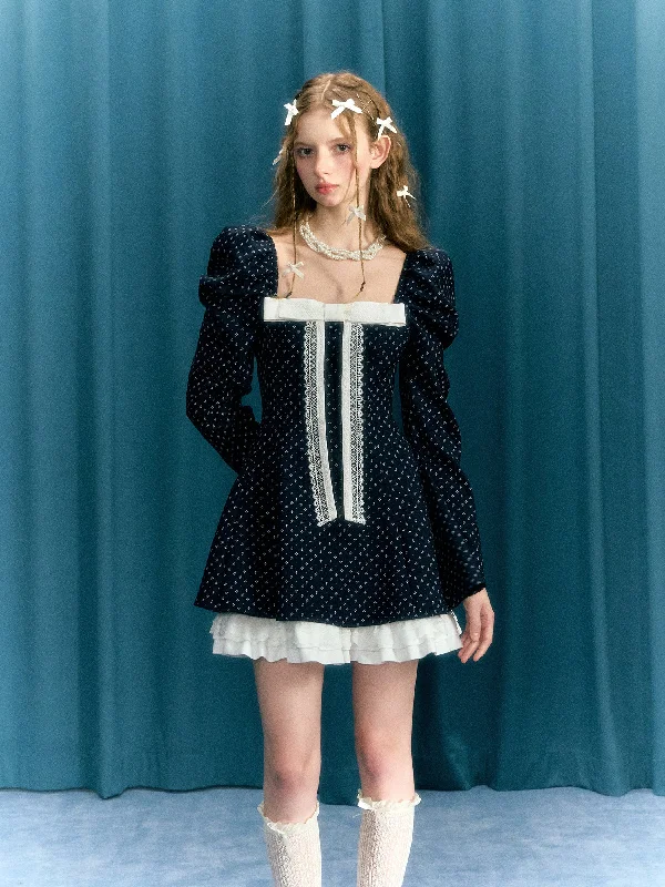 Navy Blue Polka Dot Bowknot Puff Sleeves Square Collar Waist Dress NAR0048 Tunics Cozy soft