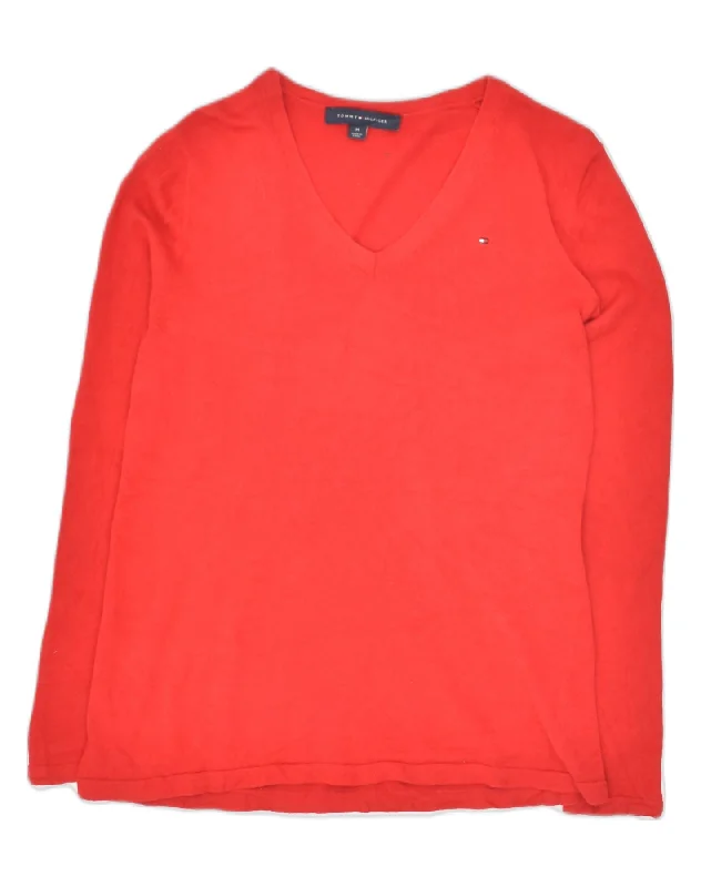 TOMMY HILFIGER Womens V-Neck Jumper Sweater UK 12 Medium Red Cotton Cotton Fabric Linen Fabric Terry Fabric TOMMY HILFIGER Womens V-Neck Jumper Sweater UK 12 Medium Red Cotton Cotton Fabric Linen Fabric Terry Fabric