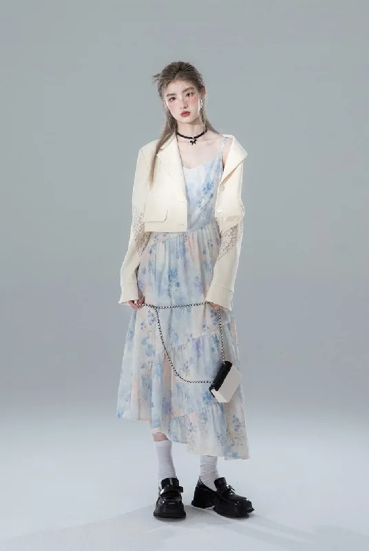 Watercolor Blue Flower Drape Print Suspender Dress COT0146 Tunics Versatile functional
