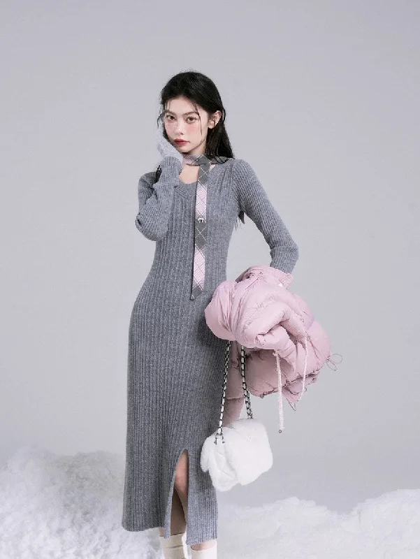 Curve Shaping Gray Pink Ribbon Wool Knit Dress COT0189 Tunics Print Colorful