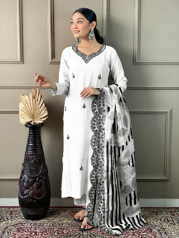 Off White Attractive Designer Readymade Pant Suit With Printed Embroidery Work Elegant Silk Pants