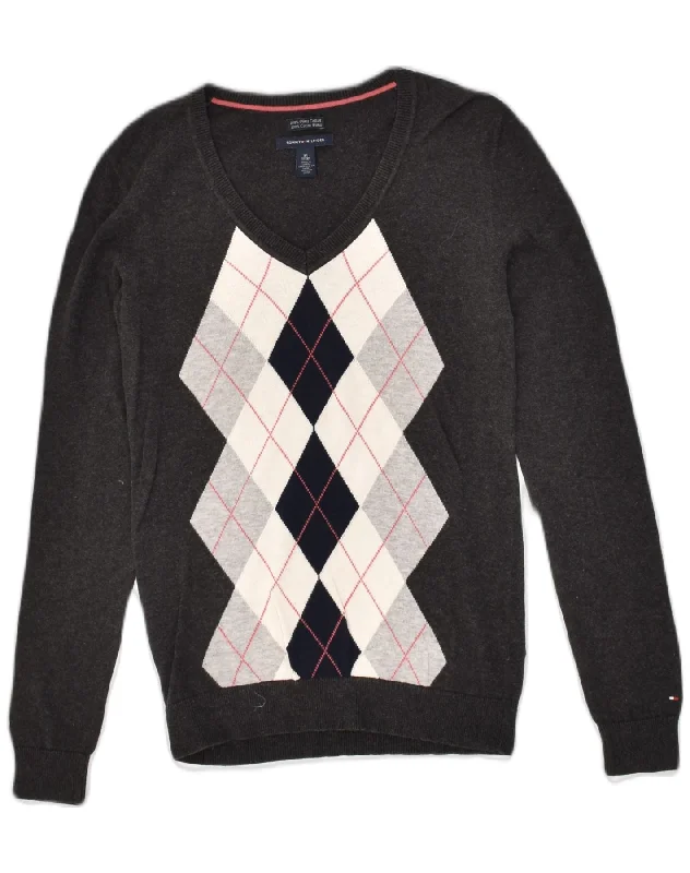 TOMMY HILFIGER Womens V-Neck Jumper Sweater UK 6 XS Grey Argyle/Diamond Hooded Caped Shawl Collar