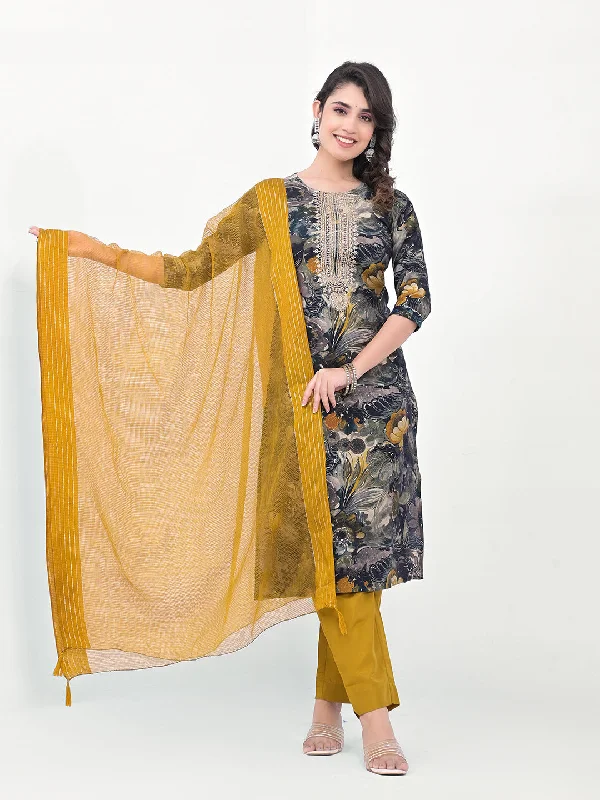 Grey Designer Readymade Pant Suit With Printed Embroidery Work Chic Black Leggings