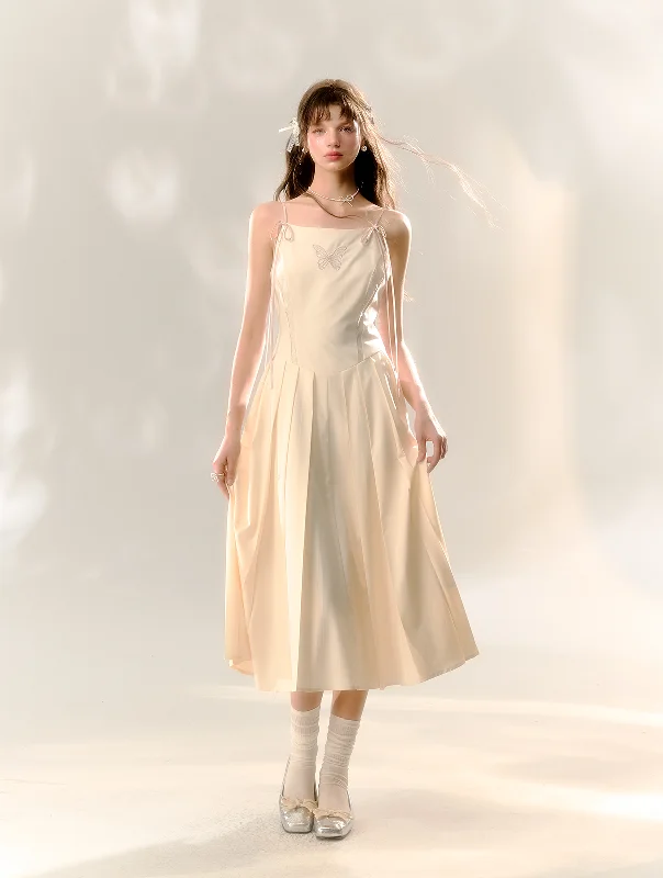 Beige Butterfly Lace Embroidery Suspenders Pleated Dress SUN0069 Tunics Canvas sturdy