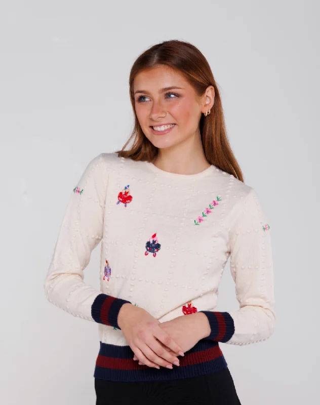 Cable Dotted Outline Boxes Embroidered Sweater Satin Blend Silk Blend Wool Blend