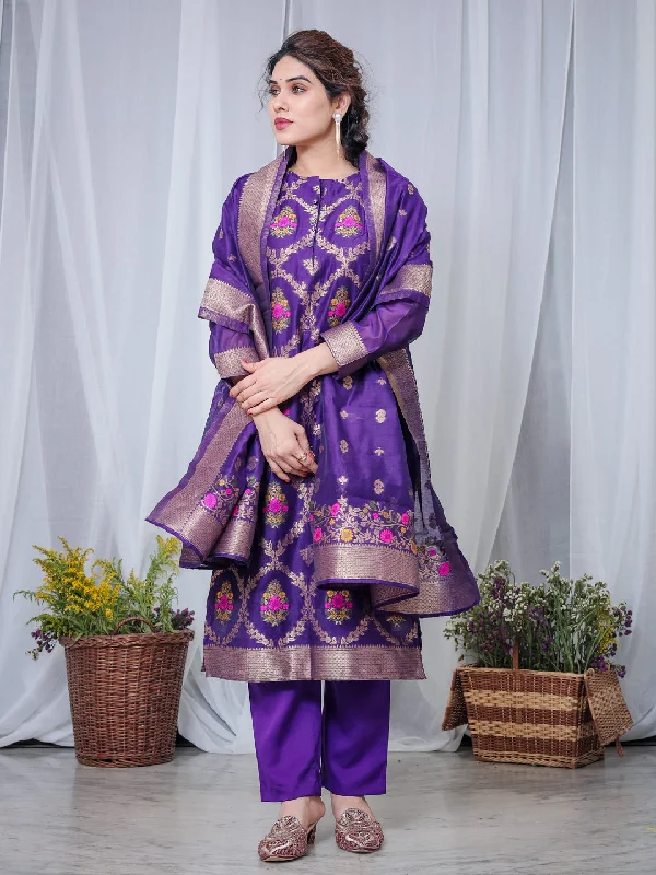 Purple Designer Readymade Pant Suit With Wevon Design Casual Lounge Pants