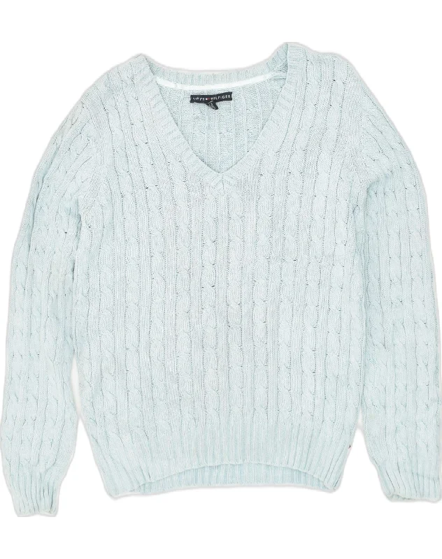 TOMMY HILFIGER Womens V-Neck Jumper Sweater UK 12 Medium Blue Cotton Satin Fabric Silk Fabric Chiffon Fabric TOMMY HILFIGER Womens V-Neck Jumper Sweater UK 12 Medium Blue Cotton Satin Fabric Silk Fabric Chiffon Fabric