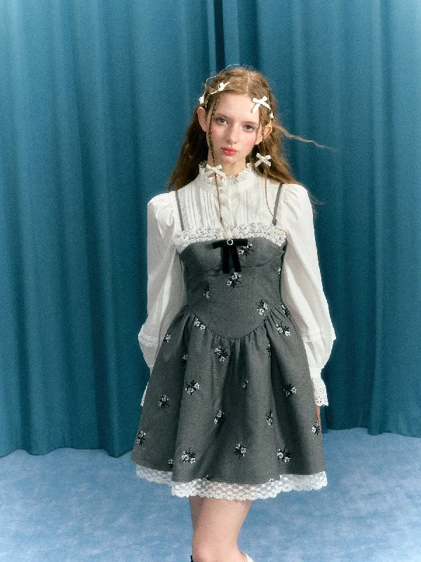 Gray Embroidery Flower Lace Suspender Dress NAR0046 Tunics Versatile functional
