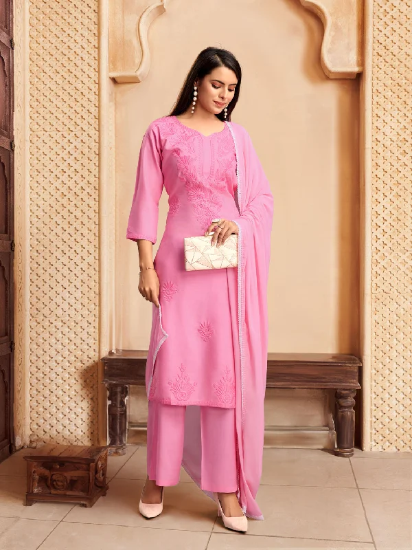 Pink Designer Readymade Pant Suit With Lacknowi Chikankari Embroidery Work Chic Wool Trousers Pink Designer Readymade Pant Suit With Lacknowi Chikankari Embroidery Work Chic Wool Trousers