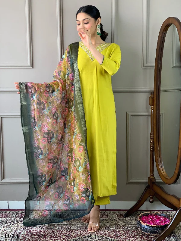 Lime Attractive Looking DEsigner Readymade Pant Suit With Designer Embroidery Work Relaxed Casual Leggings