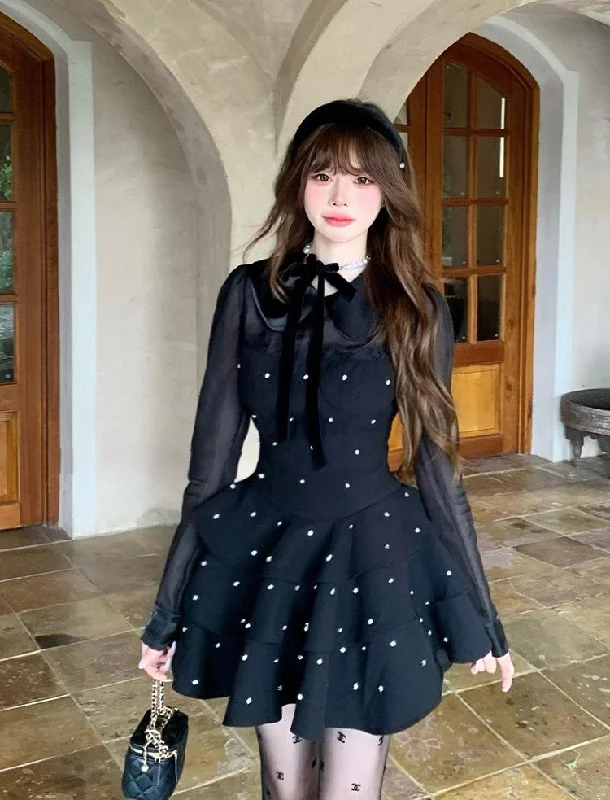 Black Satin Chiffon Long-sleeved Puffy Dress SIS0020 Boat Neckline Classic