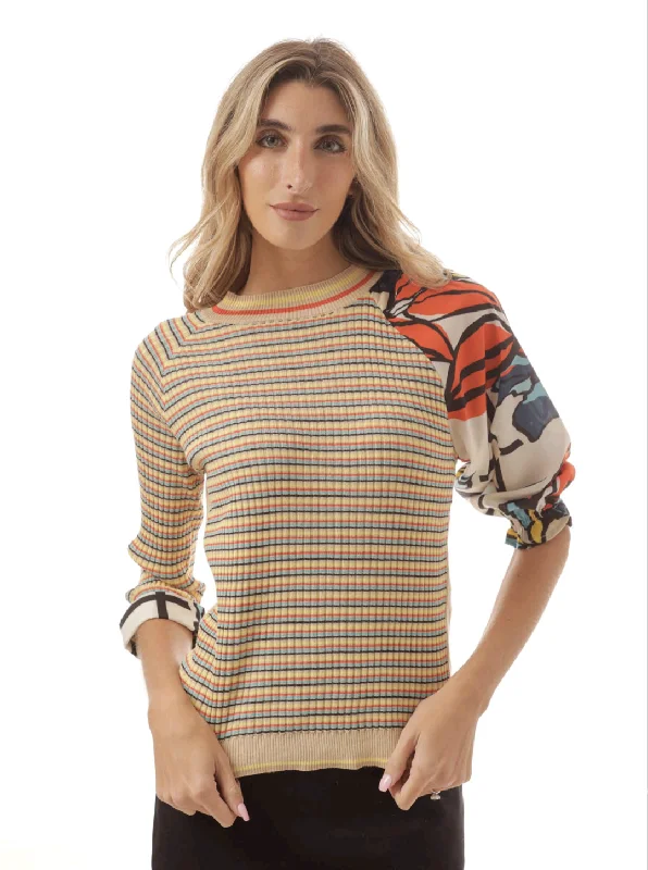 OOTD Striped Sweater With Design Sleeve Velvet Chenille Corduroy
