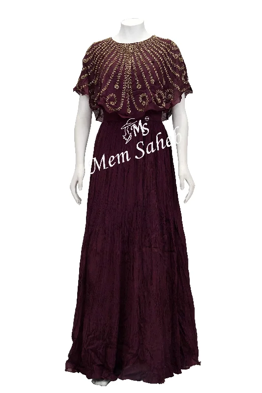 Anarkali Wine Floor Length Chinnon Evening Dress with Cape Tunics Designer luxury