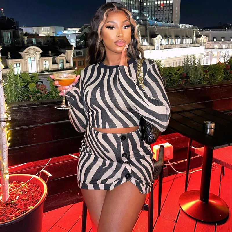 Women Zebra Print Round Neck Long Sleeve Top And High Waist Skirt Stylish Two-Piece Set corduroy skirt durable