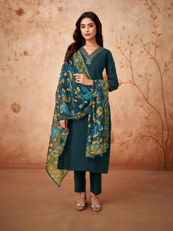 Teal Blue Attractive Looking Redaymade Pant Suit With Designer Embroidery Work Casual Track Pants