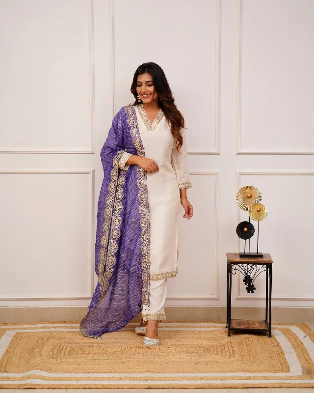 Cream Designer Readymade Pant Suit With Embroidery Work Comfortable Wide-Leg Pants