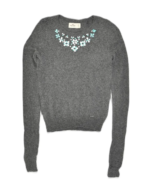 HOLLISTER Womens California Crew Neck Jumper Sweater UK 6 XS Grey Floral High Neck Crew Neck V-Neck HOLLISTER Womens California Crew Neck Jumper Sweater UK 6 XS Grey Floral High Neck Crew Neck V-Neck