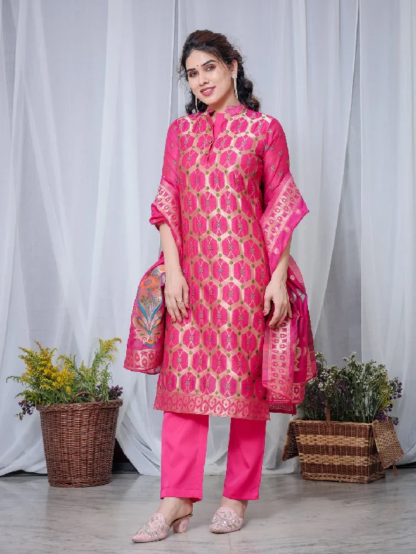 Pink Designer Readymade Pant Suit With Wevon Design Warm Wool Trousers