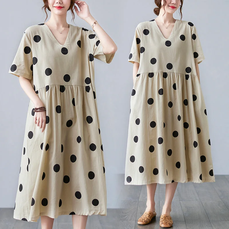 Loose-paneled Cotton And Linen V-neck Short-sleeved Dress Tunics Luxurious premium