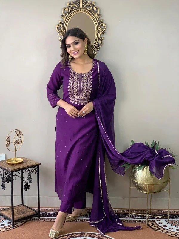 Purple Trendy Elementary Readymade Pant Suit With Embroidery Work Chic Faux Leather Pants Purple Trendy Elementary Readymade Pant Suit With Embroidery Work Chic Faux Leather Pants