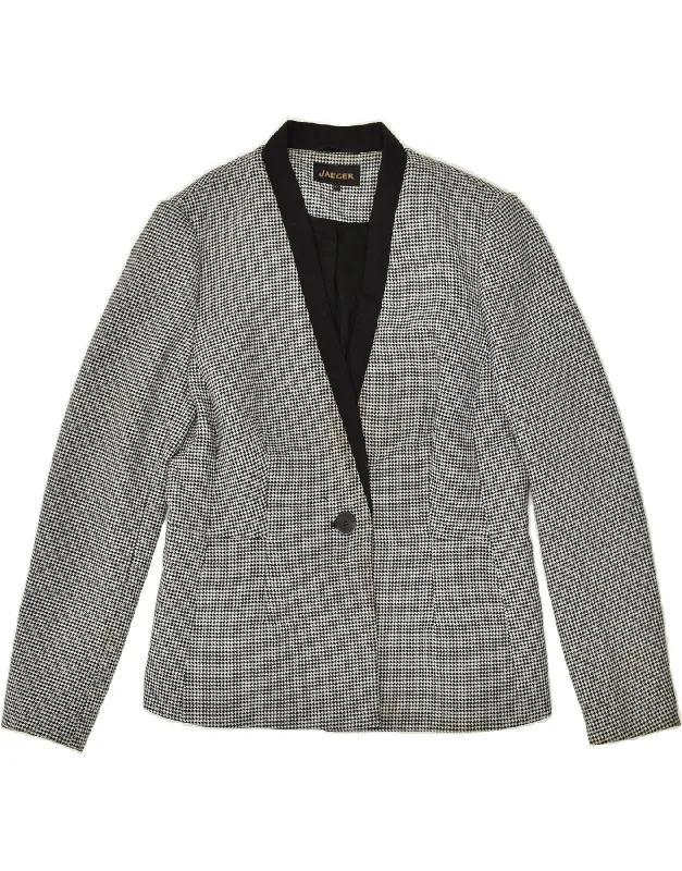 JAEGER Womens 1 Button Blazer Jacket UK 14 Medium Grey Houndstooth Embroidered Jacket Appliqued Jacket Beaded Jacket JAEGER Womens 1 Button Blazer Jacket UK 14 Medium Grey Houndstooth Embroidered Jacket Appliqued Jacket Beaded Jacket