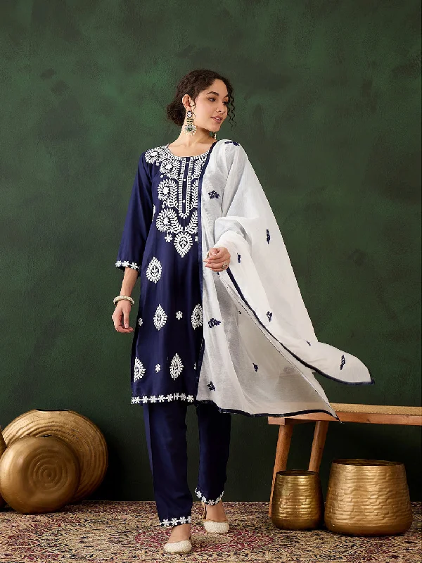 Blue Designer Readymade Pant Suit With Chikankari Embroidery Work Cozy Fitted Pants