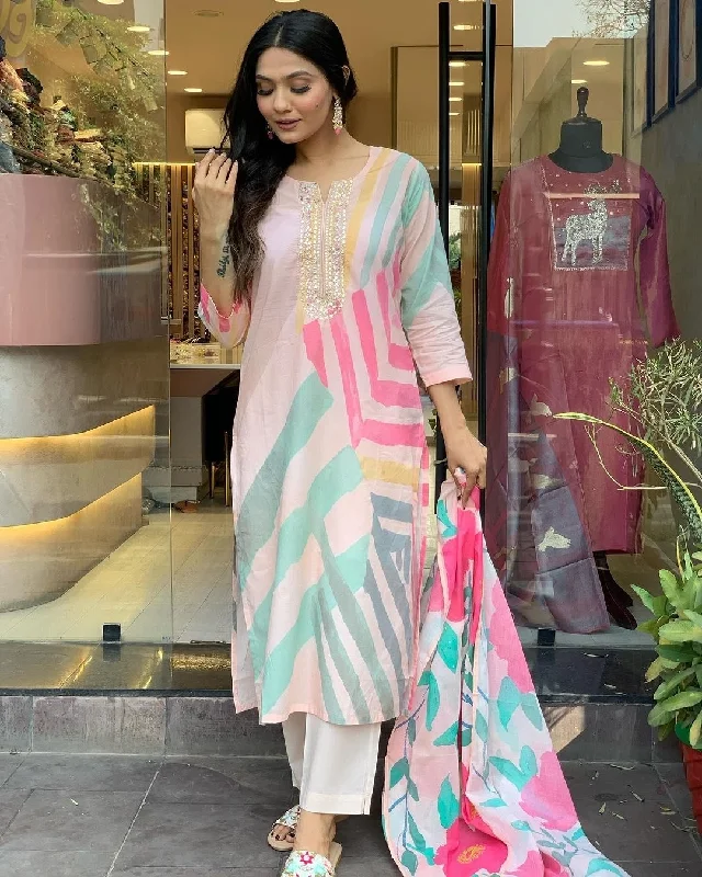 White Attractive Looking Readymade Pant Suit With Designer Printed Embroidery Work Soft Stretch Leggings