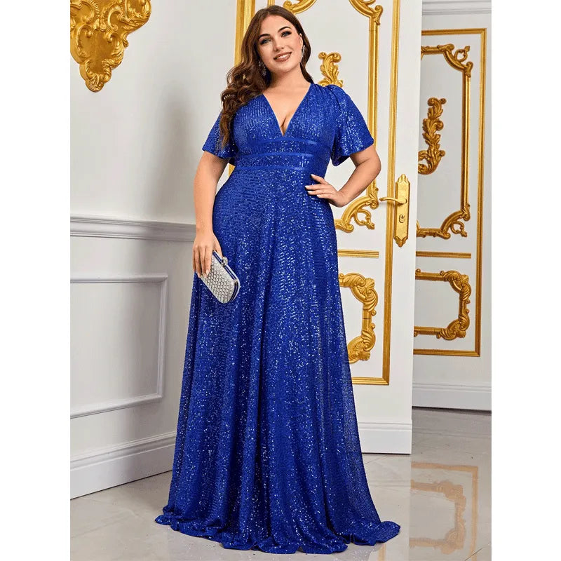 Plus Size Blue Sequins Shiny Maxi Evening Dress 4XL5XL Luxury V Neck Short Sleeve Loose 2023 Summer Plus Size Shiny Dresses Tunics Versatile all-occasion Plus Size Blue Sequins Shiny Maxi Evening Dress 4XL5XL Luxury V Neck Short Sleeve Loose 2023 Summer Plus Size Shiny Dresses Tunics Versatile all-occasion