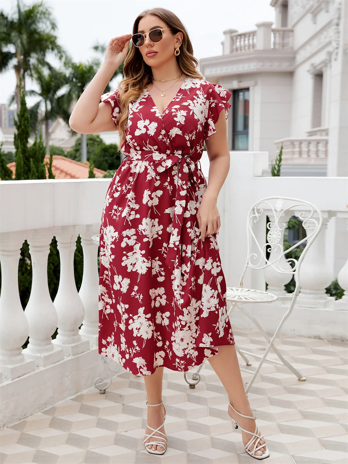 Deep V Floral Print Midi Summer Casual Dress Butterfly Short Sleeve Polyester Elegant Plus Size Tunics Versatile functional Deep V Floral Print Midi Summer Casual Dress Butterfly Short Sleeve Polyester Elegant Plus Size Tunics Versatile functional