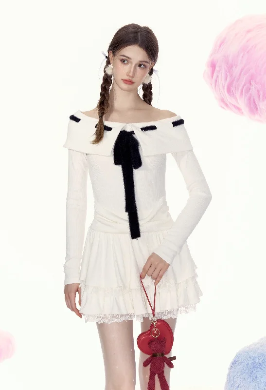 White One Shoulder Splicing Temperament Waist Dress AYF0075 Boat Neckline Classic