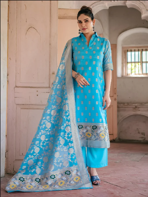 Blue Designer Readymade Pant Suit With Wevon Design Soft Sweatpants Style