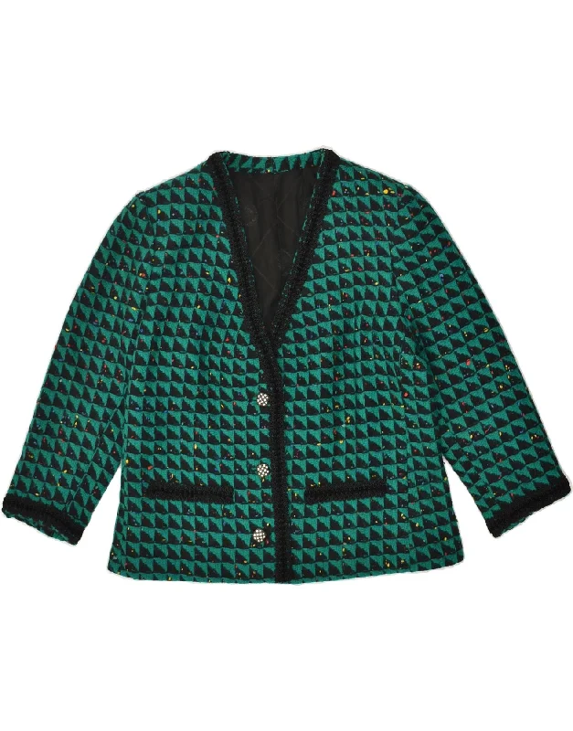 VINTAGE Womens 3 Button Blazer Jacket UK 18 XL Green Geometric Fleece Jacket Down Jacket Parka VINTAGE Womens 3 Button Blazer Jacket UK 18 XL Green Geometric Fleece Jacket Down Jacket Parka